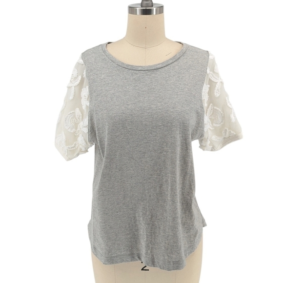 Global Work Knit Lace Floral T Shirt Gray L preppy bohemian coastal casual basic - Picture 1 of 6
